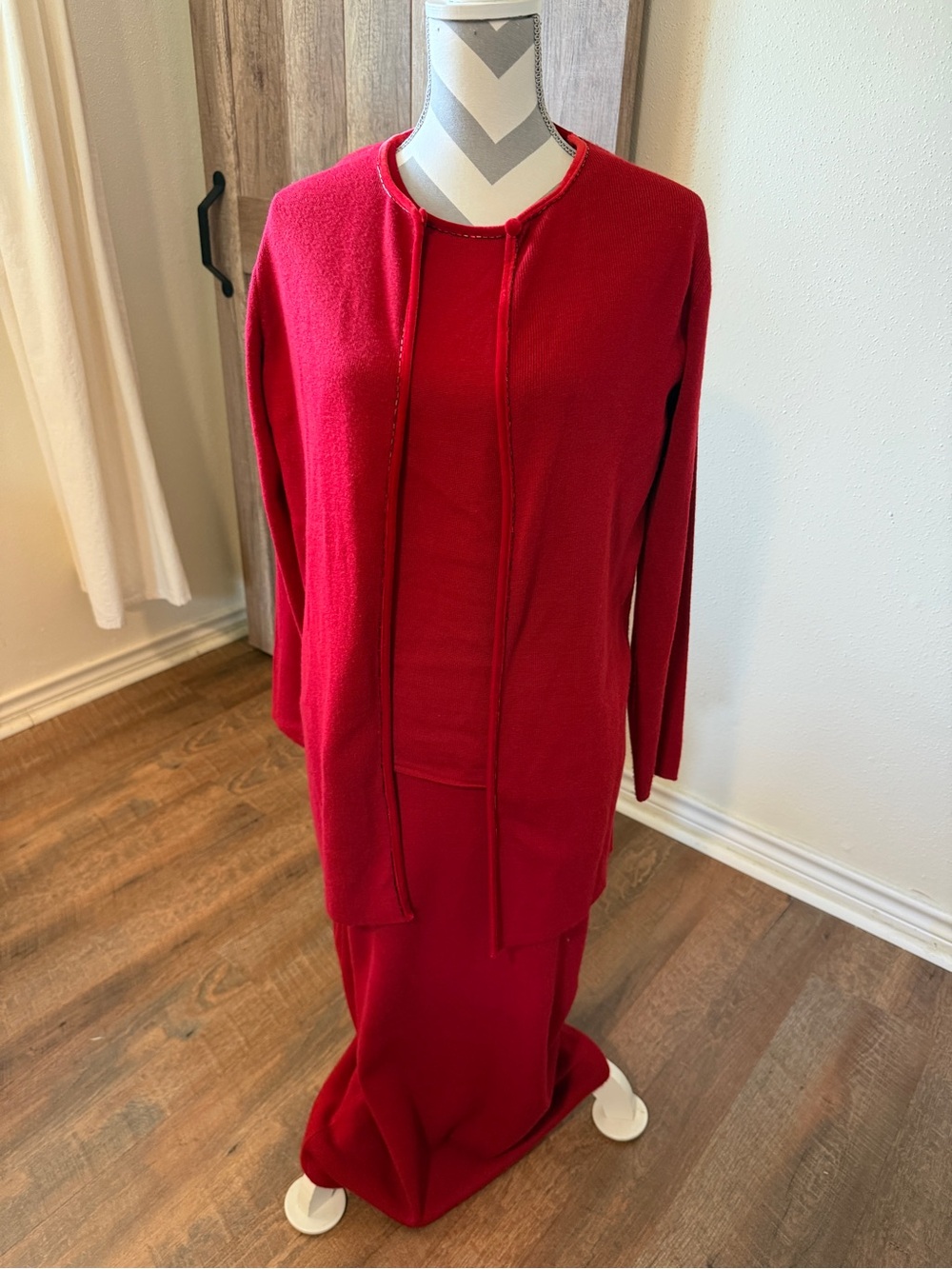 Vintage Carole Little Saint Tropez Wear 3 Pc Red Knit Sweater Skirt Set Med/Lg